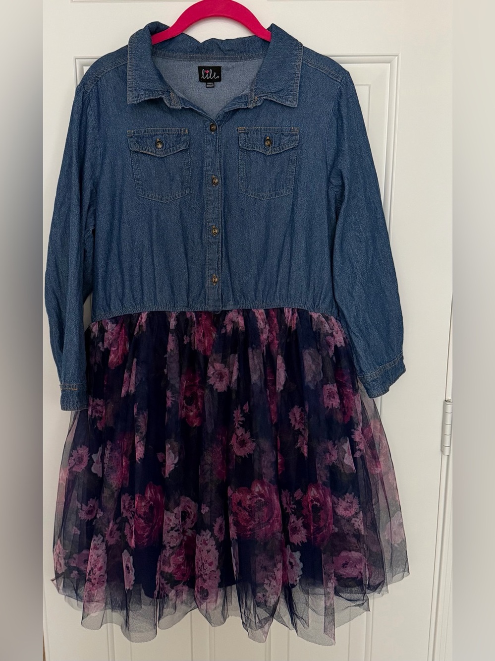 lilt Girls' Denim Bodice Dress with Navy and Magenta Floral Tulle Skirt